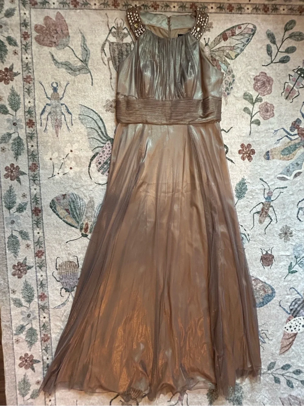 Cachet Metallic Bronze Maxi Dress with Beaded Shoulders - Picture 1 of 16